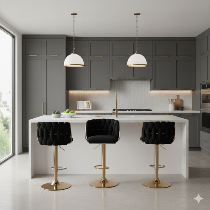 Hoker regulowany, obrotowy, barowy, do kuchni Glamour Loft Pleciony MARBELLA  czarny
