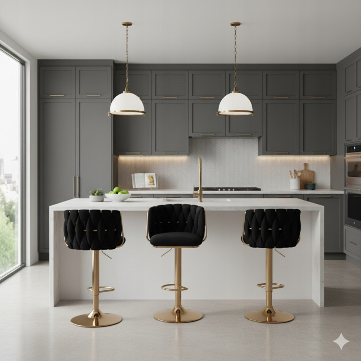 Hoker regulowany, obrotowy, barowy, do kuchni Glamour Loft Pleciony MARBELLA  czarny