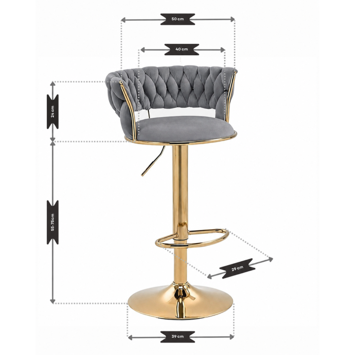 Hoker IMPERIA Glamour stołek Krzesło Barowe 100 cm Złote nóżki Welur szare