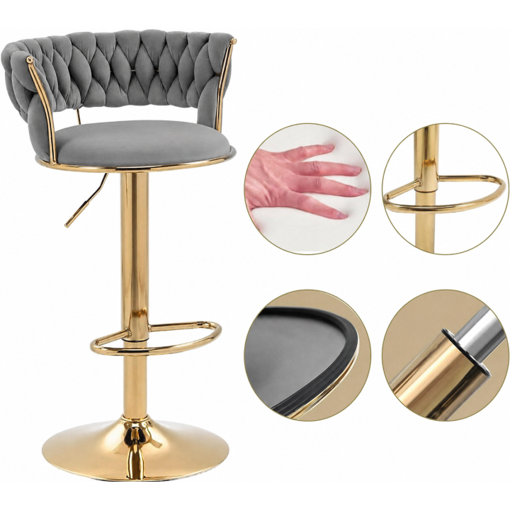 Hoker IMPERIA Glamour stołek Krzesło Barowe 100 cm Złote nóżki Welur szare