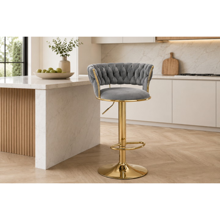 Hoker IMPERIA Glamour stołek Krzesło Barowe 100 cm Złote nóżki Welur szare