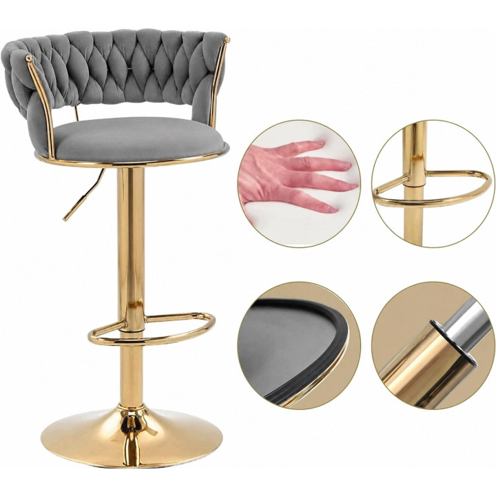 Hoker IMPERIA Glamour stołek Krzesło Barowe 100 cm Złote nóżki Welur szare