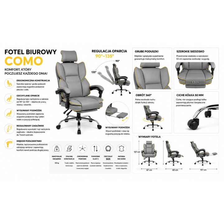 Fotel obrotowy, biurowy, ergonomiczny COMO szary