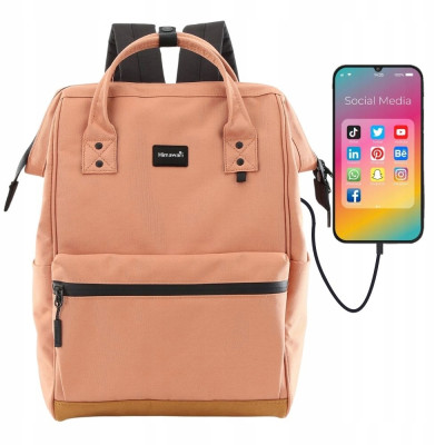 MODNY PLECAK DAMSKI HIMAWARI MIEJSKI DO PRACY SZKOŁY A4 USB BRĄZOWY 19L