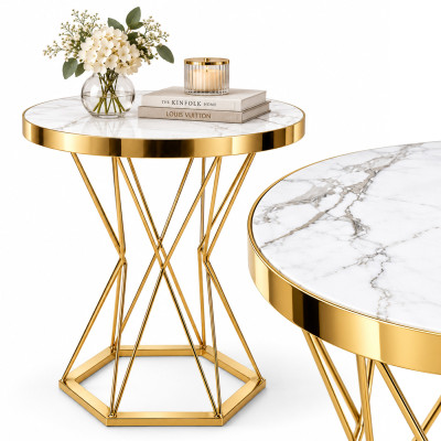 Stolik Okrągły 60 Cm Biały Wzór Marmuru Złoty Do Salonu Glamour Just Home