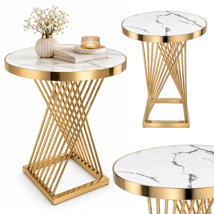 Stolik Okrągły 60 Cm Glamour Biały Wzór Marmuru Złota Podstawa Do Salonu