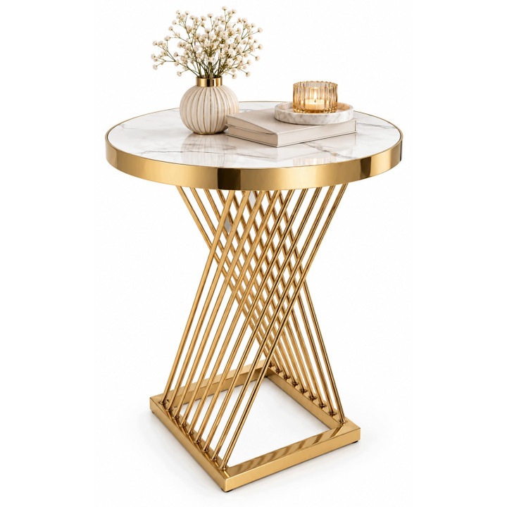Stolik Okrągły 60 Cm Glamour Biały Wzór Marmuru Złota Podstawa Do Salonu