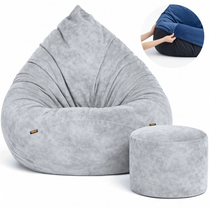 PUFA WOREK RELAX XXXXL SZARA - WELUR + PODNÓŻEK I ZDEJMOWANY POKROWIEC