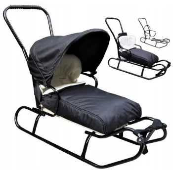 Polskie sanki 5w1 (sanki, śpiworek, pchacz, oparcie, budka) GRANATOWE