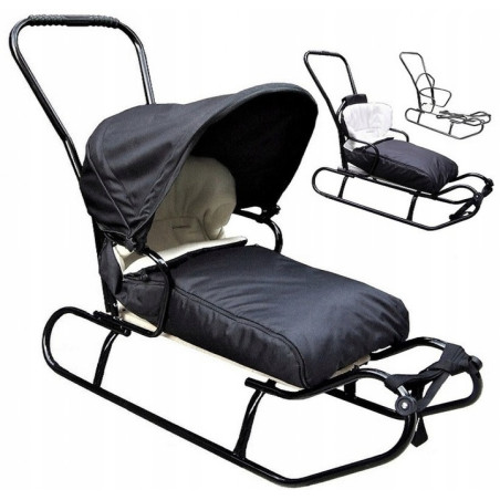 Polskie sanki 5w1 (sanki, śpiworek, pchacz, oparcie, budka) GRANATOWE