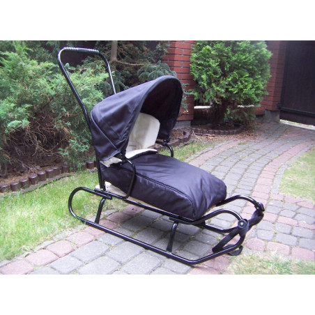 Polskie sanki 5w1 (sanki, śpiworek, pchacz, oparcie, budka) GRANATOWE