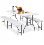 Stół i krzesła tworzywo sztuczne ZESTAW CATERINGOWY STÓŁ +2 ŁAWKI biały