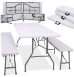 Stół i krzesła tworzywo sztuczne ZESTAW CATERINGOWY STÓŁ +2 ŁAWKI biały