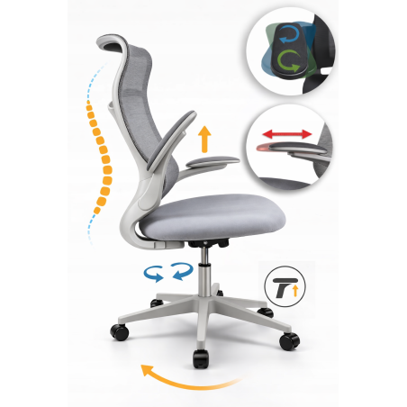 Fotel biurowy obrotowy PRZEWIEWNY siatka ergonomiczny szary regulowany