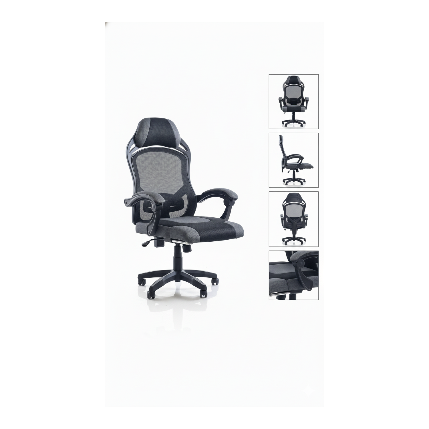 Fotel biurowy obrotowy PRZEWIEWNY siatka ergonomiczny czarny z podnóżkiem