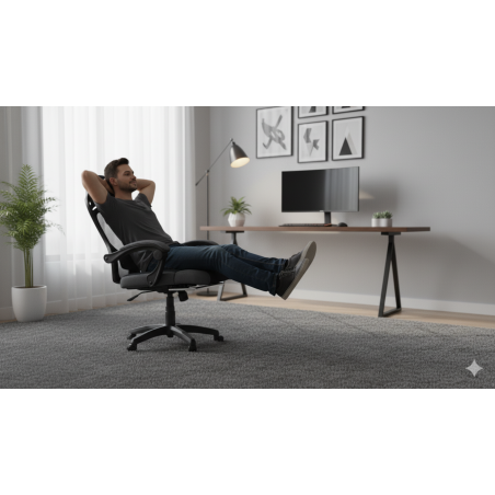 Fotel biurowy obrotowy PRZEWIEWNY siatka ergonomiczny czarny z podnóżkiem