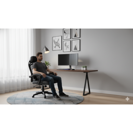 Fotel biurowy obrotowy PRZEWIEWNY siatka ergonomiczny czarny z podnóżkiem