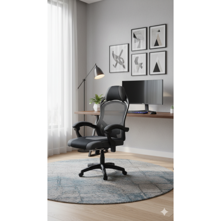 Fotel biurowy obrotowy PRZEWIEWNY siatka ergonomiczny czarny z podnóżkiem