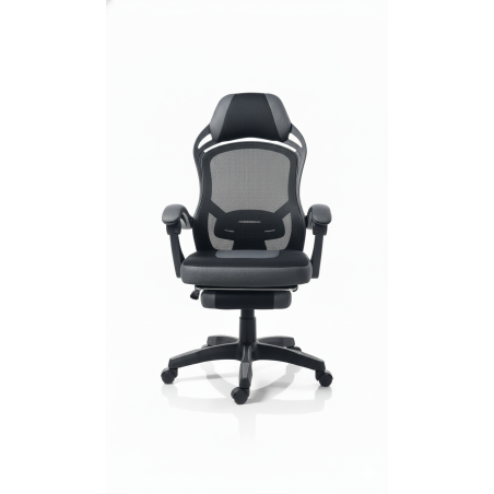 Fotel biurowy obrotowy PRZEWIEWNY siatka ergonomiczny czarny z podnóżkiem