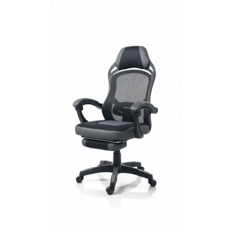 Fotel biurowy obrotowy PRZEWIEWNY siatka ergonomiczny czarny z podnóżkiem