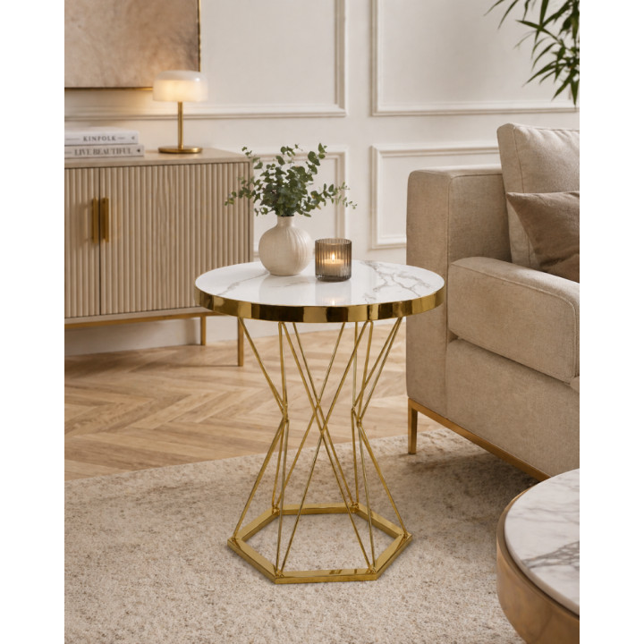 Stół okrągły MARMUREK JUST HOME skandynawski 60cm , ZŁOTE NOGI glamour