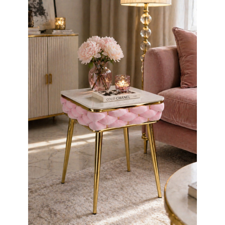 Stół Imperia Kwadrat JUST HOME GLAMOUR 108cm x50cm MARMUR, ZŁOTE NOGI RÓŻ