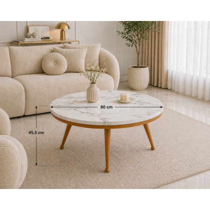 Stolik kawowy 80 cm marmurowy blat nowoczesny niski loft złote nogi Glamour