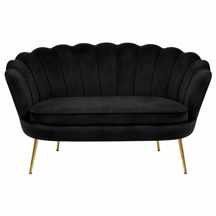 Sofa Czarna Welurowa Dwuosobowa na ZŁOTYCH Nogach GLAMOUR Tapicerowana