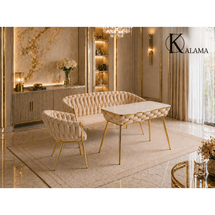 Sofa Glamour Kanapa dwuosobowa przeplatana velvet beżowa welurowa IMPERIA