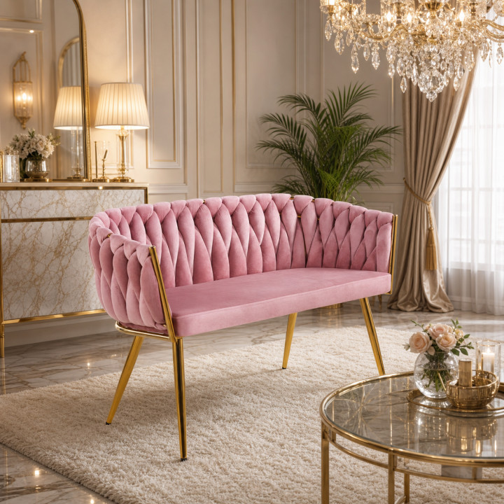 Sofa Glamour Kanapa dwuosobowa przeplatana velvet różowa welurowa IMPERIA