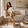 Sofa Glamour Kanapa dwuosobowa przeplatana velvet beżowa welurowa IMPERIA