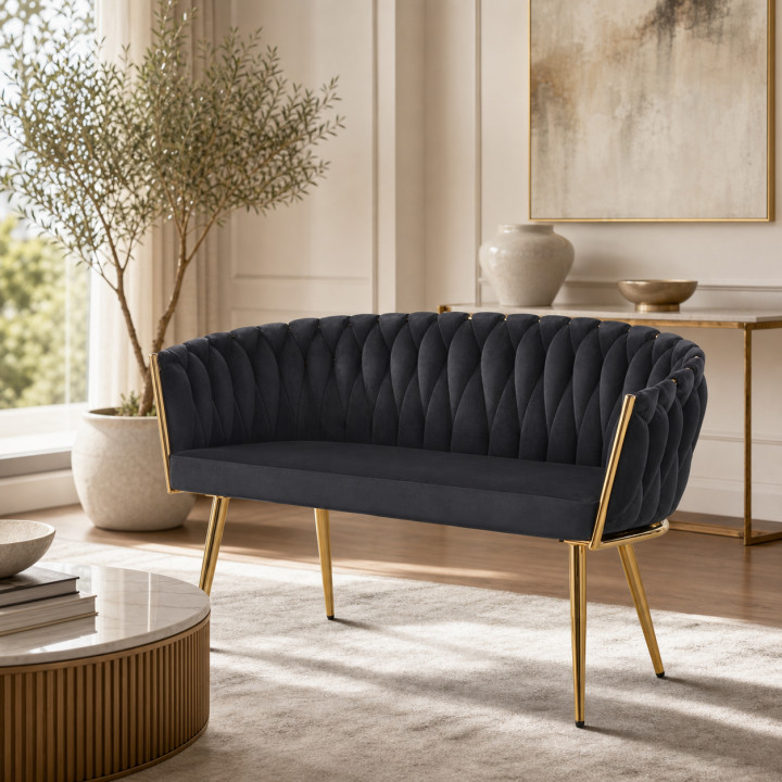 Sofa Glamour Kanapa dwuosobowa przeplatana velvet czarna welurowa IMPERIA